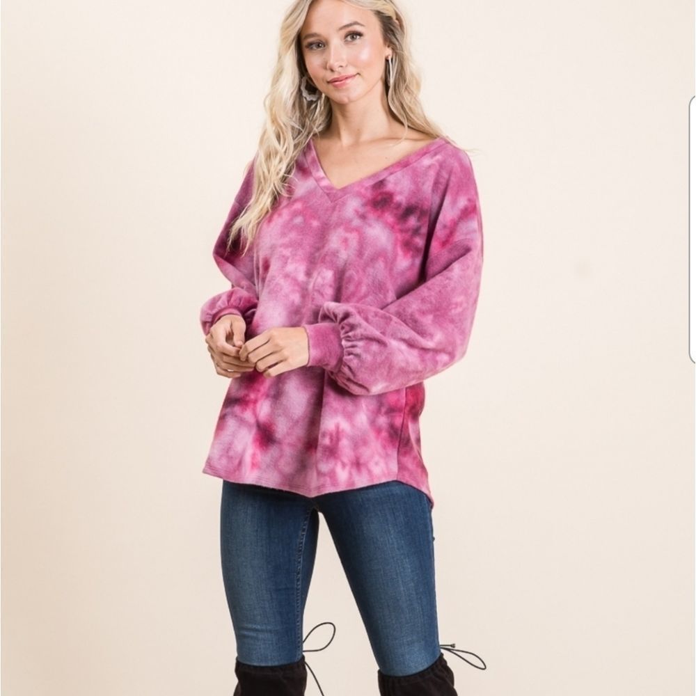 Magenta V-Neck Tie Dye Soft Sweater - Picture 5 of 5
